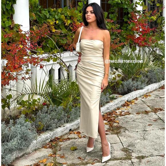 ZARA Blogger Fave Strapless Satin Midi Dress NWT Champagne Beige - Picture 4 of 16